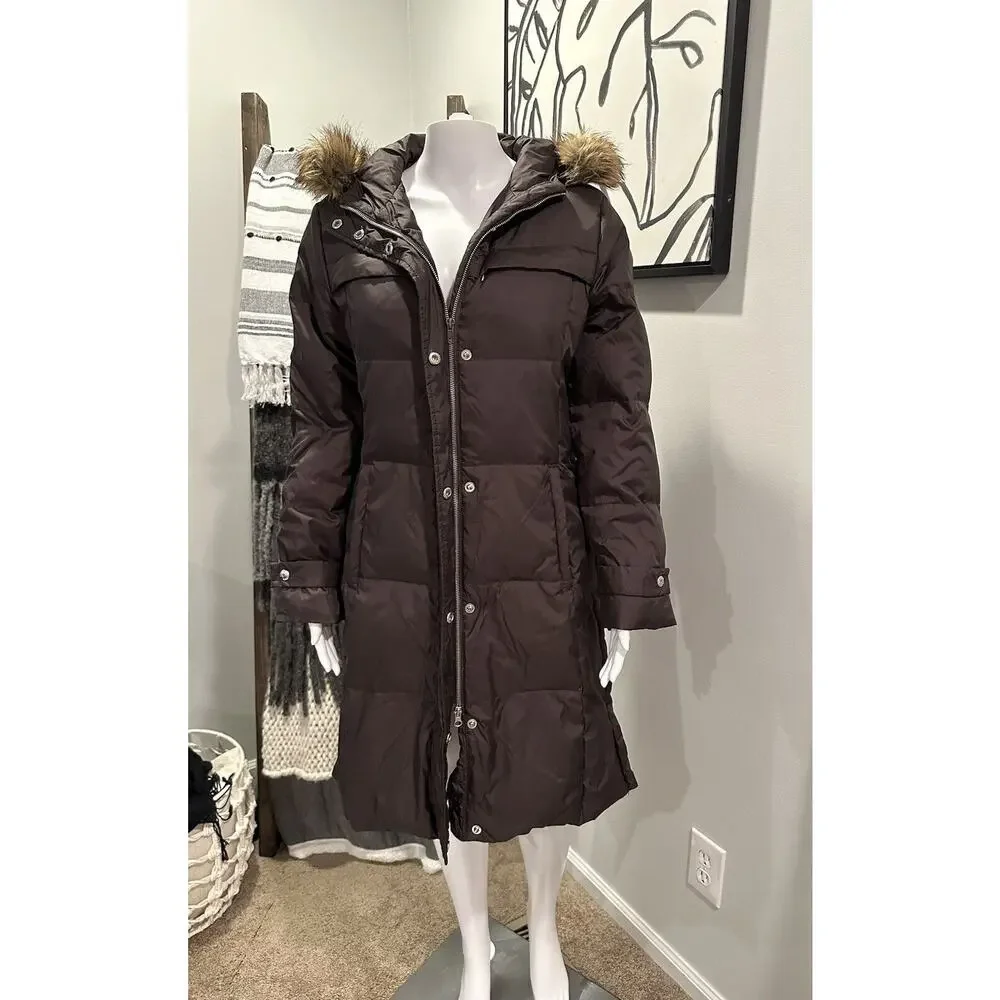 Michael Kors Women’s M Down Puffer Parka Winter Coat Hood With Fur Trim Brown - Picture 6 of 16